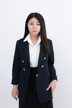Young professional woman in a navy blazer poses confidently against a plain background.