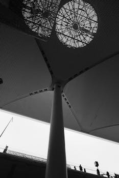 Striking black and white of Istanbul Airport's modern architectural design.