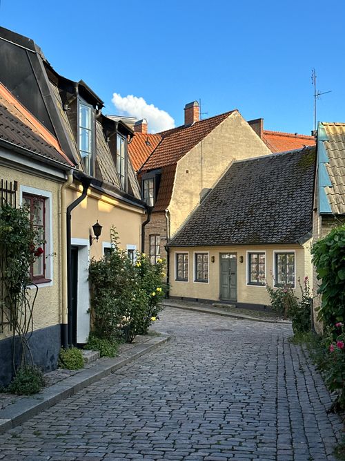 Free Quaint cobblestone street scene with historic homes in Lund, Sweden. Perfect for travel and architecture enthusiasts. Stock Photo
