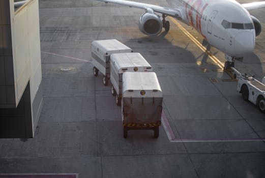 A parked airplane at an airport gate with cargo units ready for loading in Minas Gerais, Brazil.