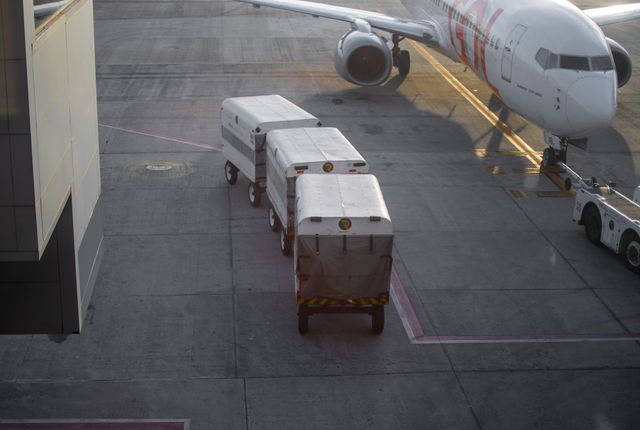 Cargo units positioned beside an aircraft at an airport.