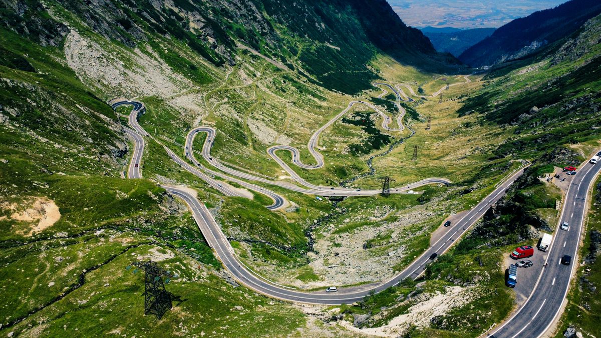 Aerial view of the Transfagarasan winding through the mountains
