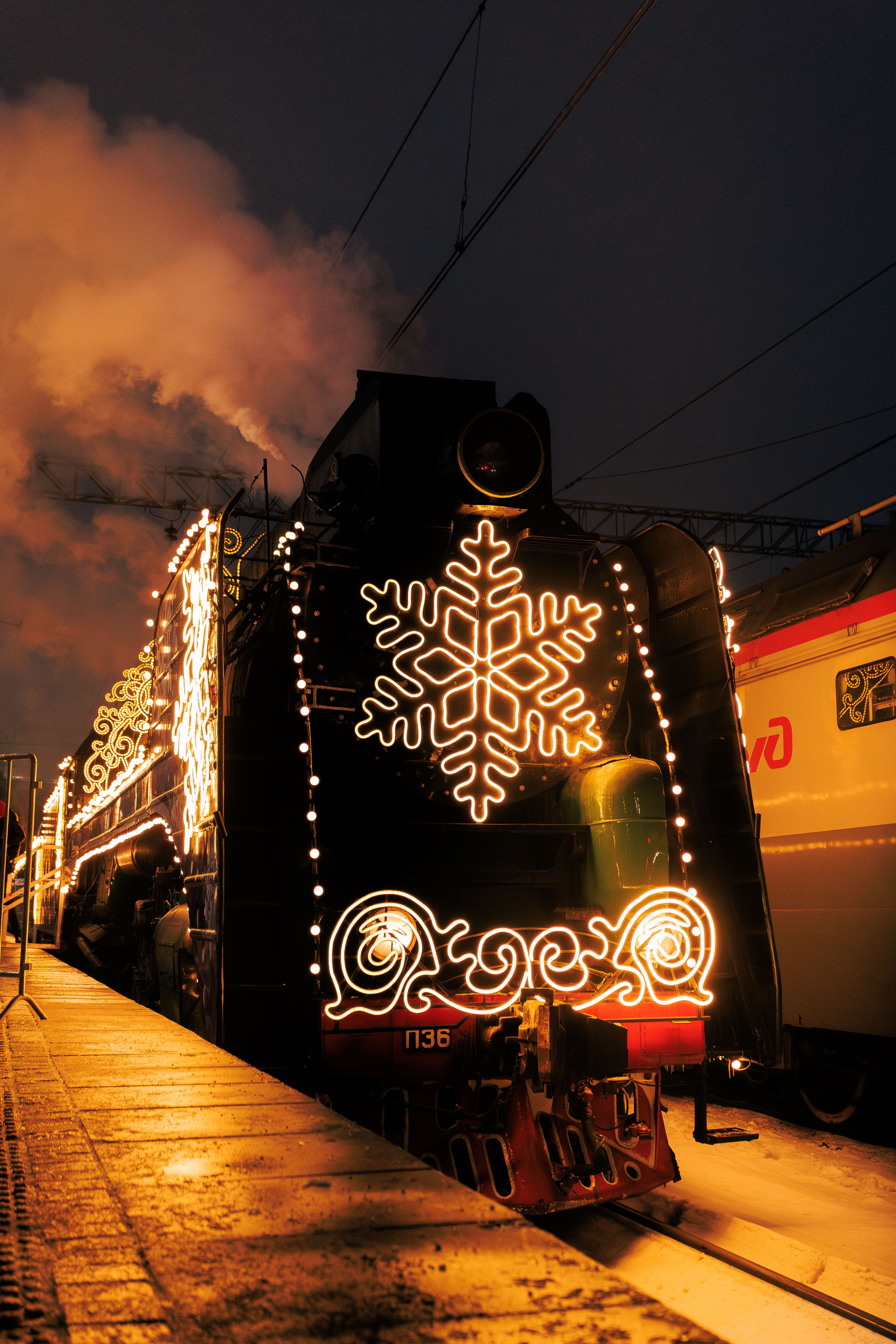 Illuminated Steam Train Decorated for Winter Night · Free Stock Photo