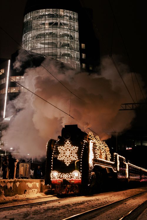 Train Light Iced Festive Steam Train Illuminated at Night · Free Stock Photo