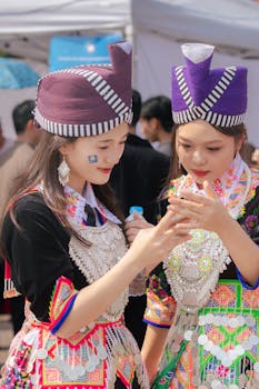Two women in vibrant traditional attire at a cultural festival, engaging with phone.