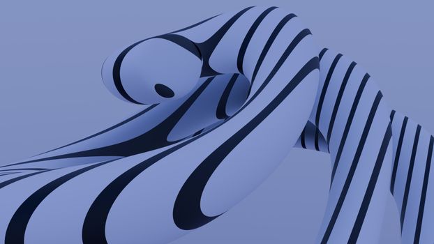 A modern abstract 3D render featuring striped curves in a geometric form with a monochrome color scheme.