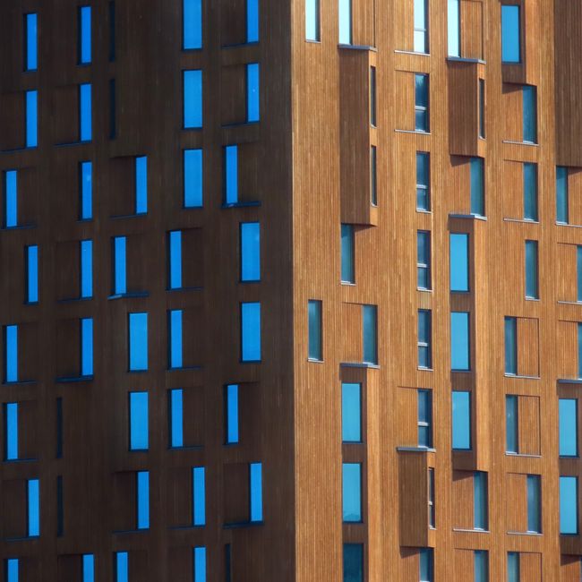 Close-up view of a modern building facade with wooden paneling and blue tinted windows.