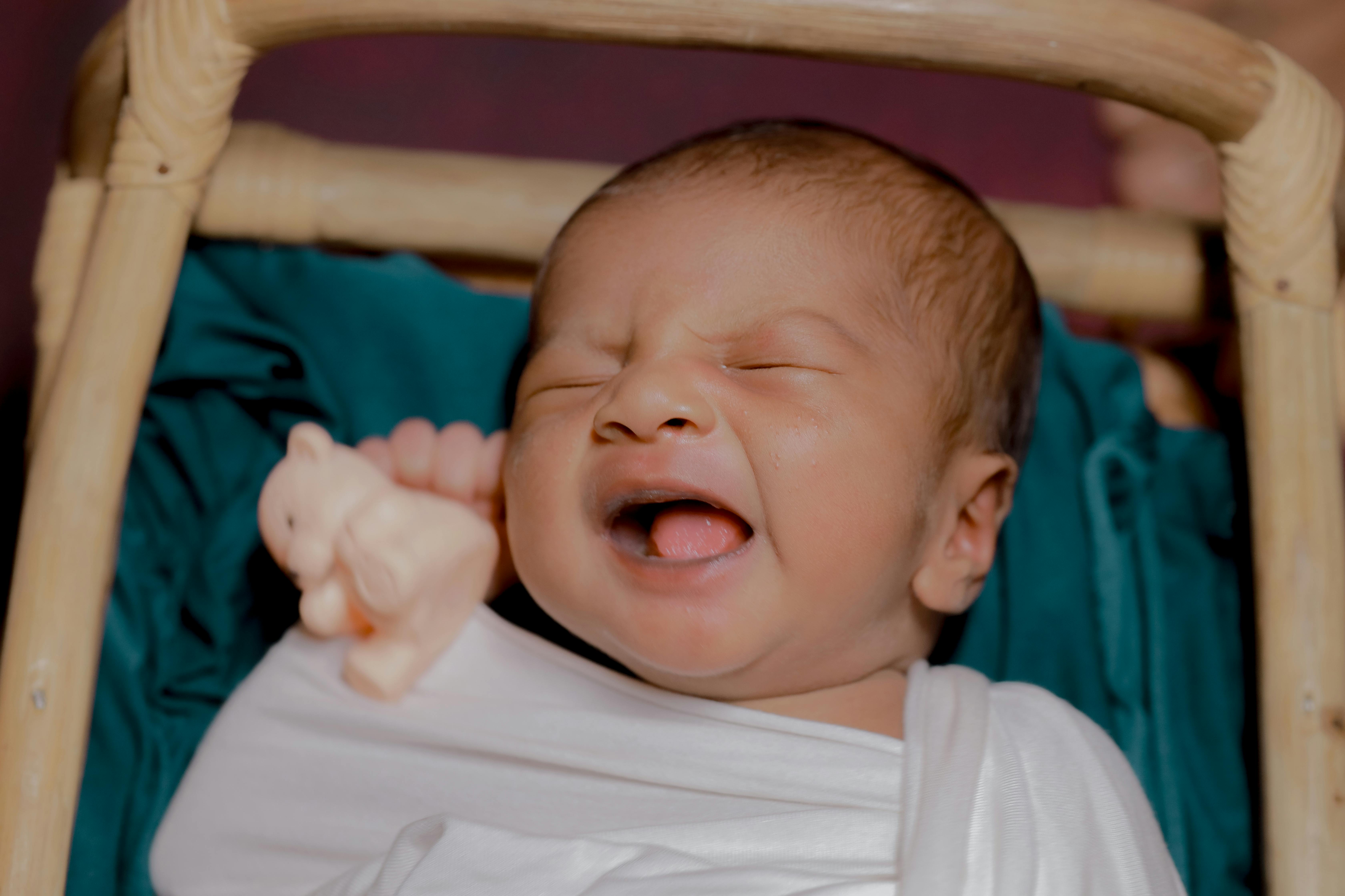 Adorable Indian newborn sleeping in a cradle with a toy, showcasing innocence and comfort.
