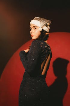 Portrait of a woman in a glamorous dress wearing a Santa hat, exuding festive elegance.