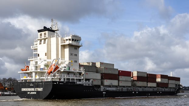 Container ship navigating Hamburg harbor with stacked cargo under a cloudy sky.