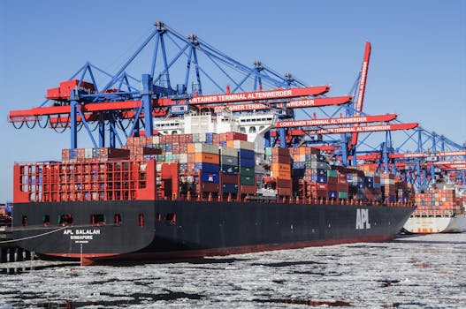 Cargo ships at Hamburg's Container Terminal Altenwerder in winter with icy waters.