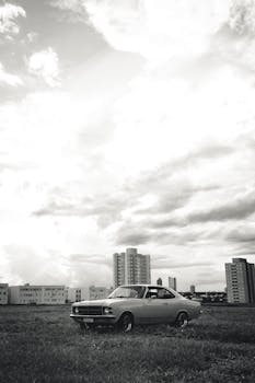 A classic car parked in a grassy urban area with tall buildings and a dramatic cloudy sky.