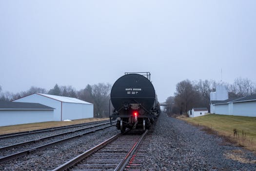 Lone freight train car on railway tracks in misty Wabasha, Minnesota during daytime.