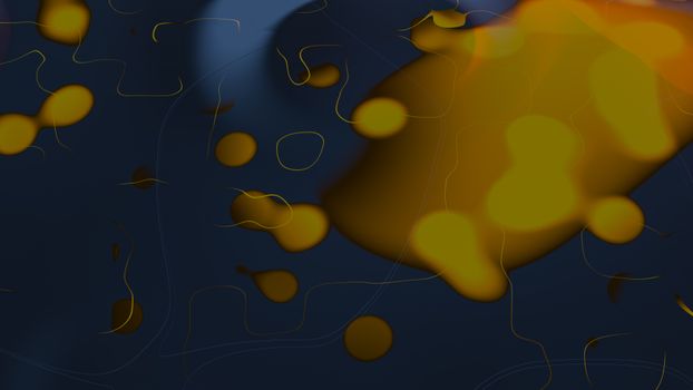 Dynamic abstract 3D render featuring flowing yellow shapes on a dark blue background.