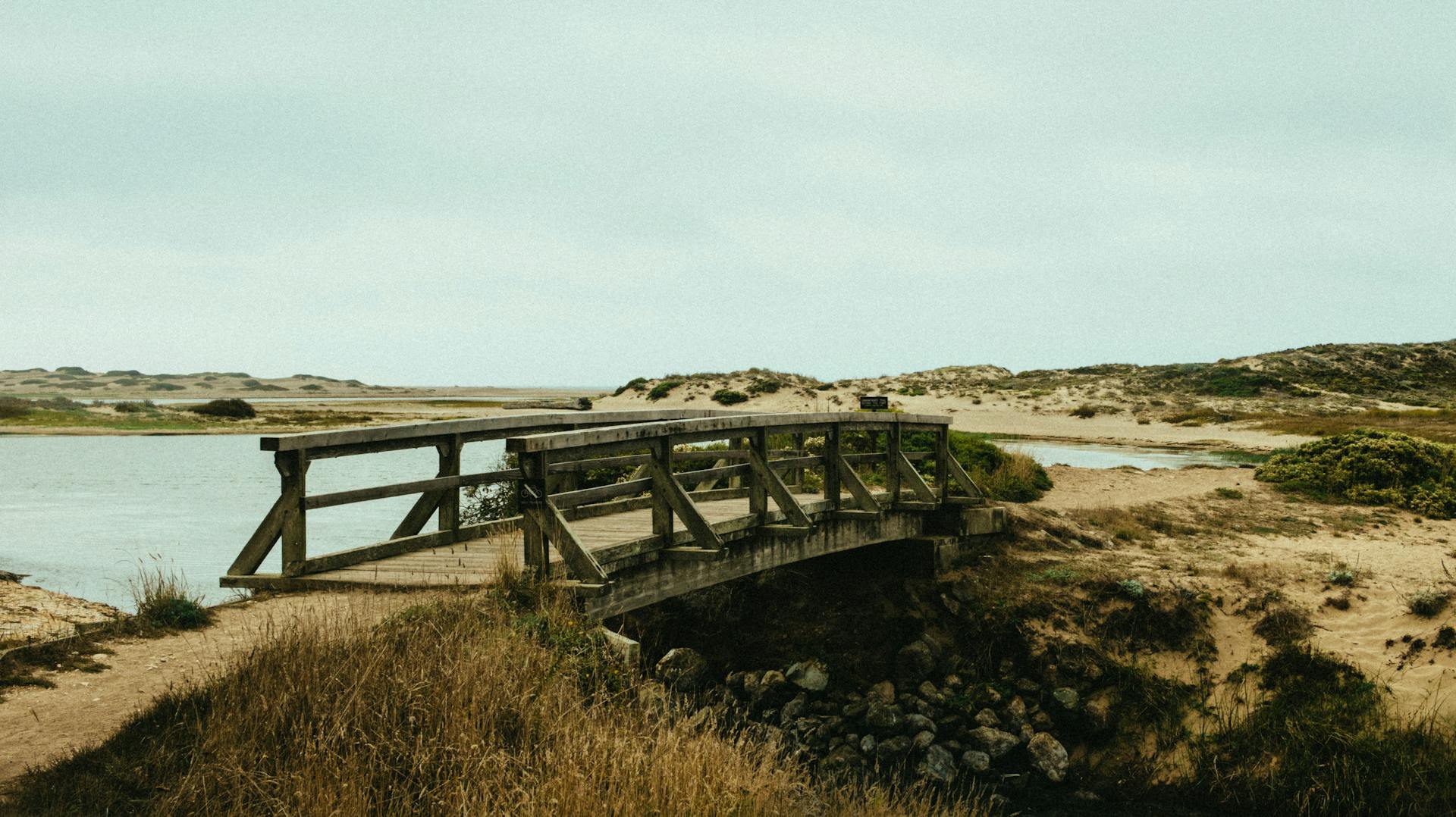A rustic wooden footbridge crossing a serene river with natural surroundings.
