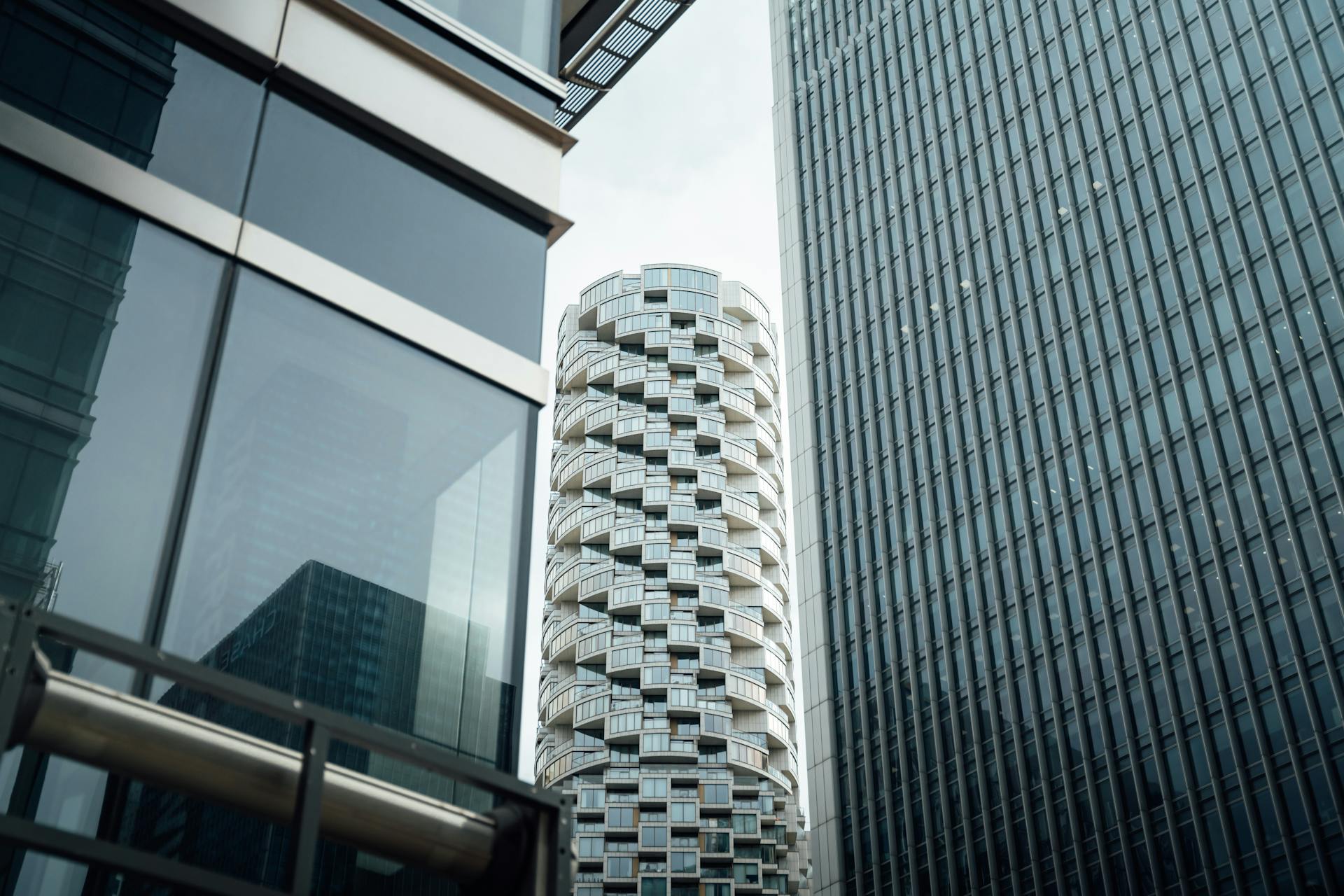 A perspective view of modern skyscrapers in London's business district.