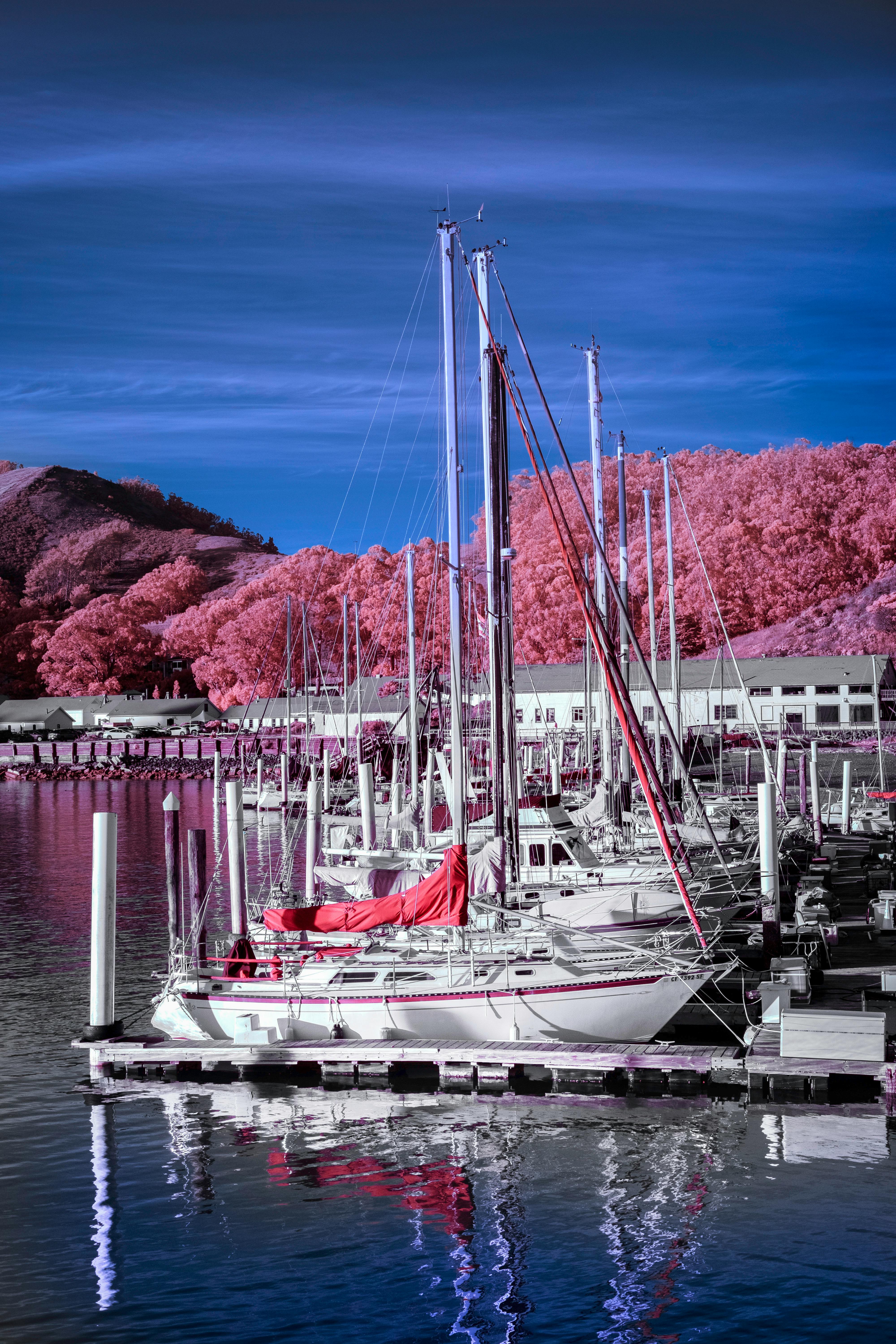 Infrared photo capture of sailboats docked at a scenic marina. Vivid hues create a surreal atmosphere.