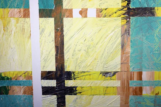 这幅抽象画在画布上呈现出充满活力的几何图案与动态纹理