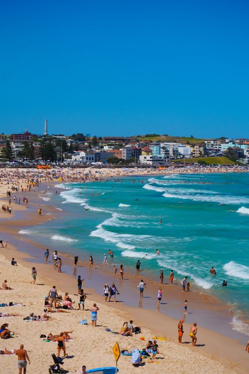 Free Crowded Bondi Beach filled with people enjoying a sunny day by the ocean. Stock Photo