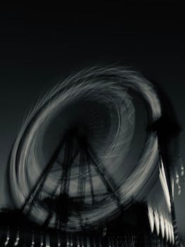 Dynamic night shot capturing the motion blur of a Ferris wheel.