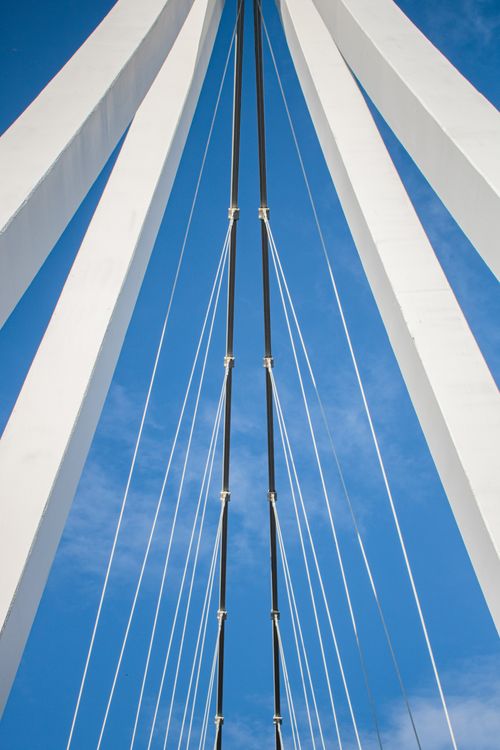 Free Close-up view of a modern cable-stayed bridge with a clear blue sky background. Stock Photo
