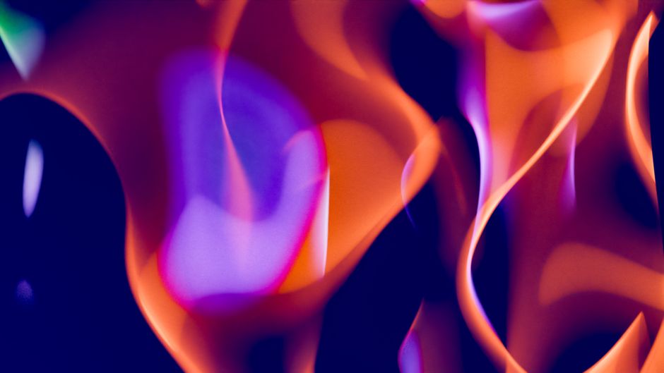 Dynamic abstract composition with flowing orange and purple shapes creating an energetic visual impact.