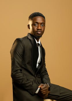 A confident man in a formal black suit against a warm beige background.