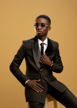 Elegant man in a sharp black suit with sunglasses against a gold background. Professional and chic.