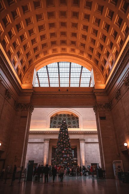 A stunning Christmas tree adorns the grand interior of Chicago Union Station, creating a festive atmosphere.
