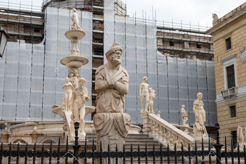 Free Historic marble statues in the Fountain of Pretoria, Palermo, Sicily. Stock Photo