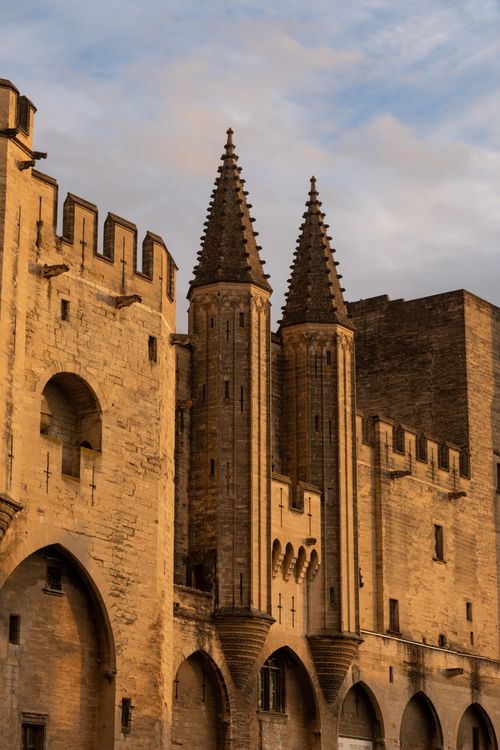 Free View of the Papal Palace with unique architectural style in Avignon, France. Stock Photo