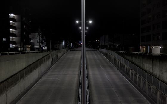 A deserted city highway at night lined with streetlights and urban buildings, showcasing solitude.