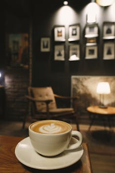 Warm and inviting coffee shop ambiance with latte art in a cup, surrounded by stylish decor.