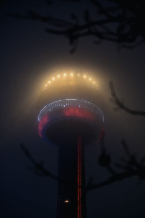 Free Mysterious view of CN Tower in Toronto shrouded in fog and illuminated at night. Stock Photo