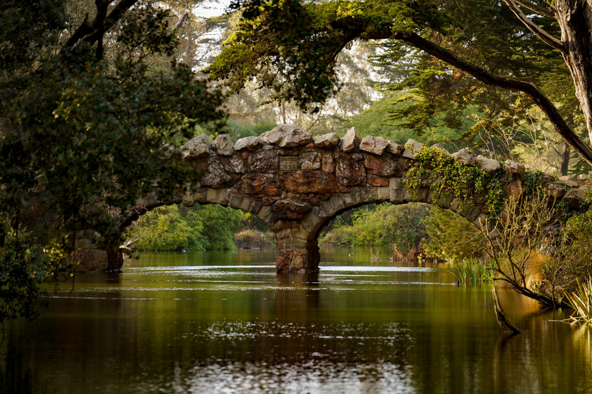 Picturesque stone bridge over serene water in Golden Gate Park, San Francisco.