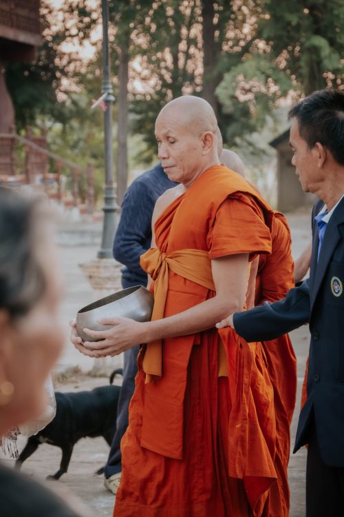 Free Buddhist monk in traditional orange robes, holding a bowl, participating in a daily almsgiving ritual outdoors. Stock Photo