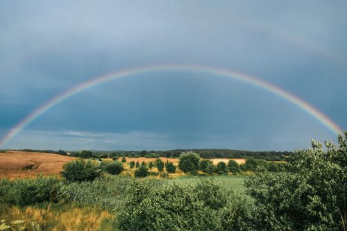 Free A stunning rainbow arches over a lush meadow in Trąbki Wielkie, Poland, during summer. Stock Photo