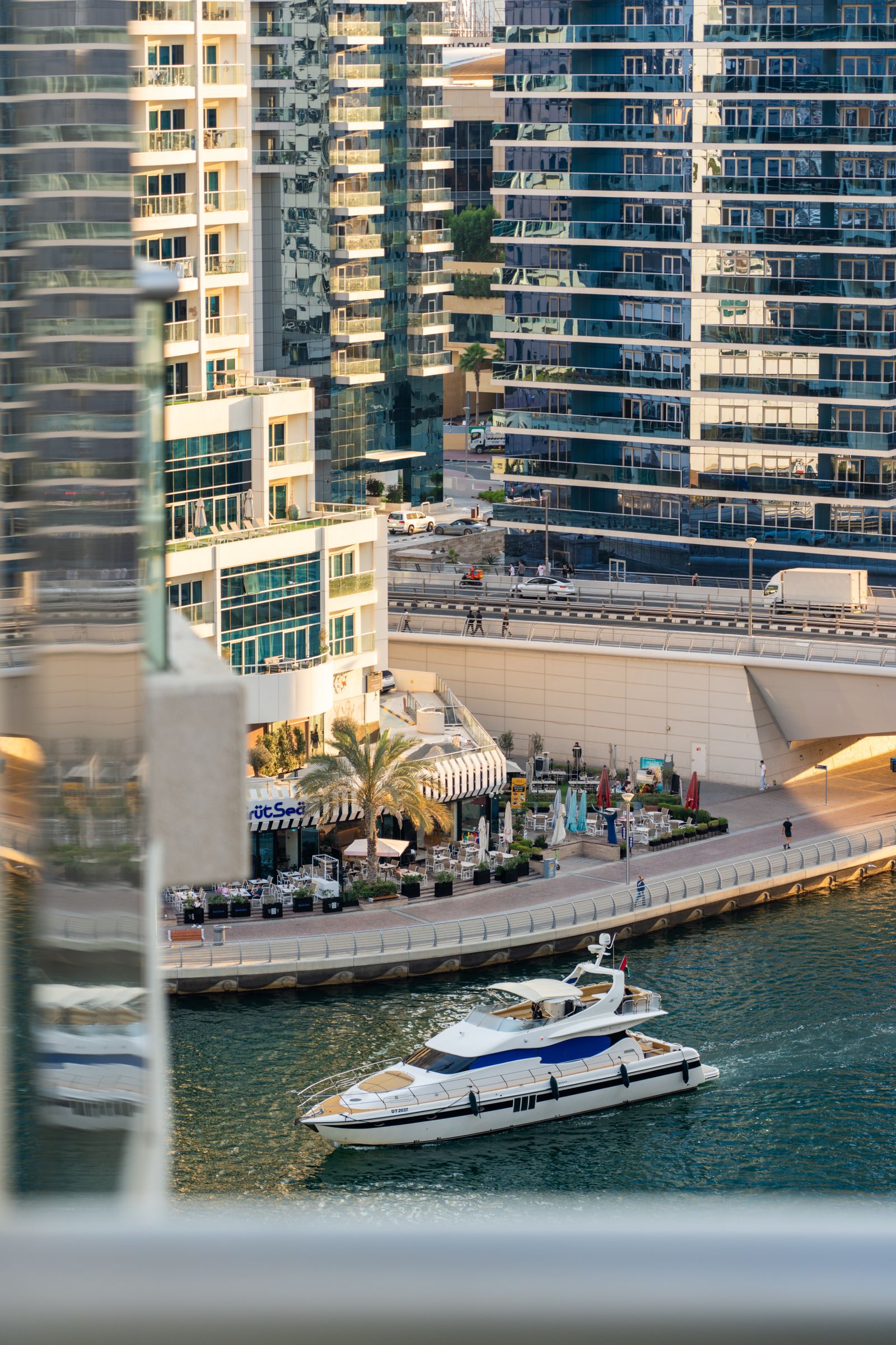Luxury yacht at the Dubai Marina waterfront