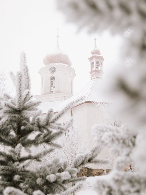 Free A serene winter scene featuring a snow-covered church in the background framed by frosty evergreen trees. Stock Photo