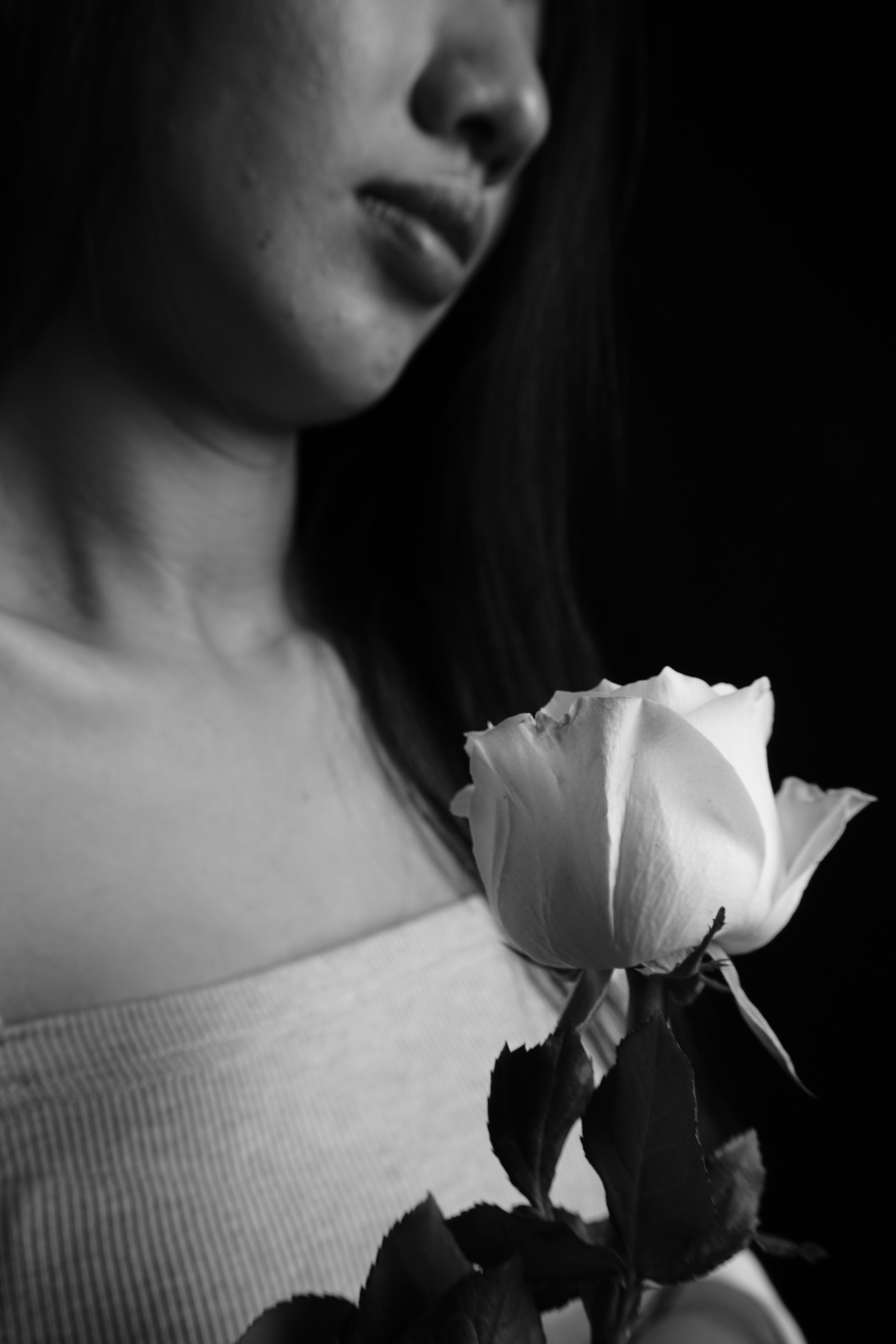 Black and White Portrait with a White Rose · Free Stock Photo
