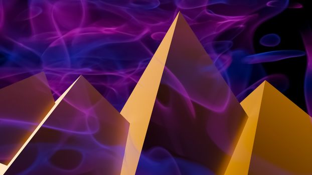 A striking abstract composition of pyramids enveloped in swirling purple and blue hues.