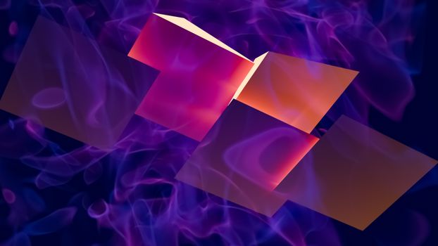 A modern digital abstract artwork featuring vibrant 3D geometric shapes and colorful textures.