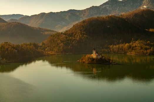 A serene view of Lake Bled in Slovenia with its picturesque church on an island.