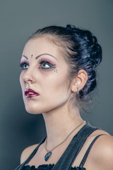 A striking portrait of a woman with dramatic makeup and jewelry, showcasing creative expression.