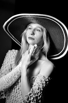 这幅时尚的黑白肖像描绘了一位戴着宽边帽的女性，背景是工作室环境