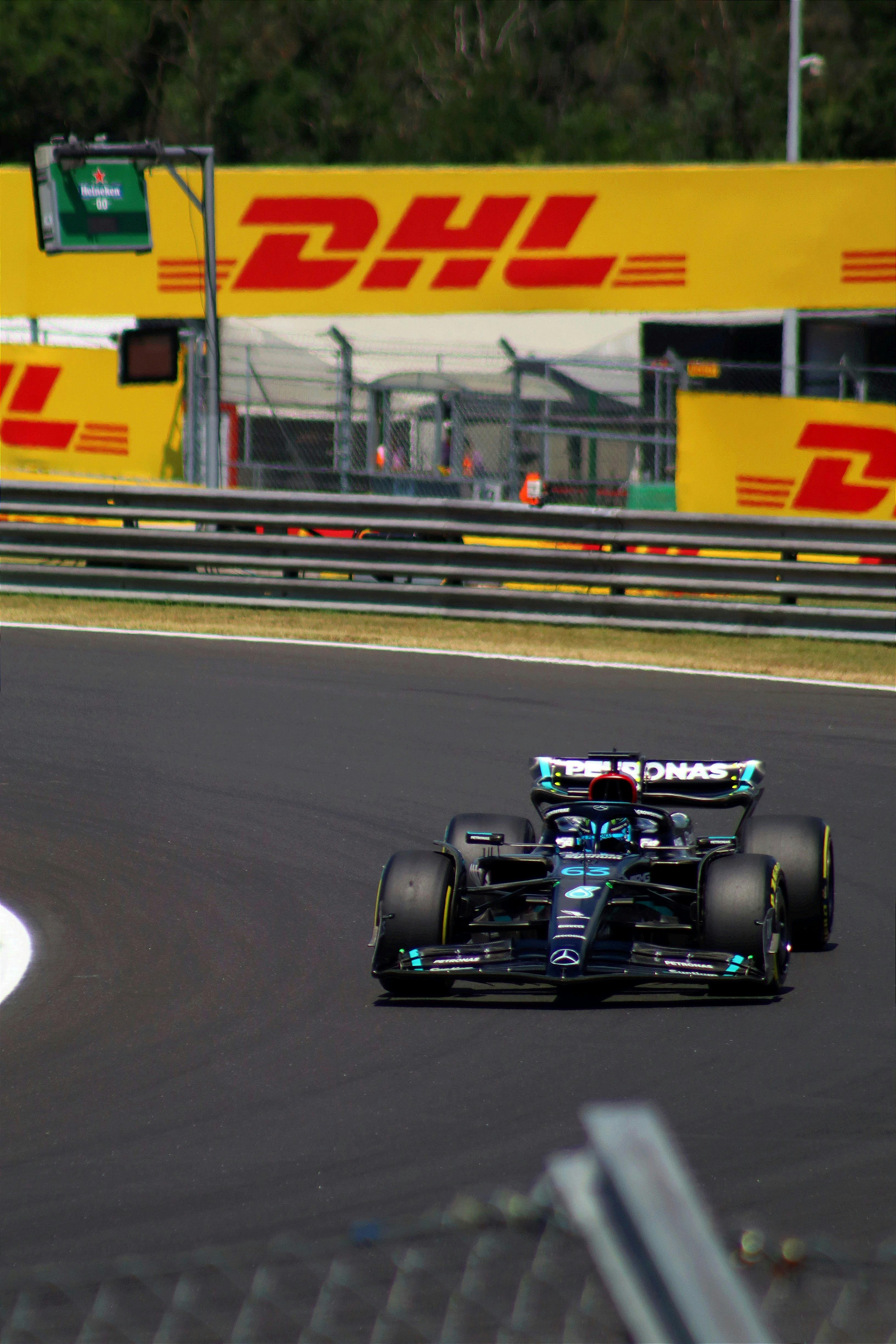 Mercedes Formula 1 car racing at high speed in Mogyoród, Hungary.