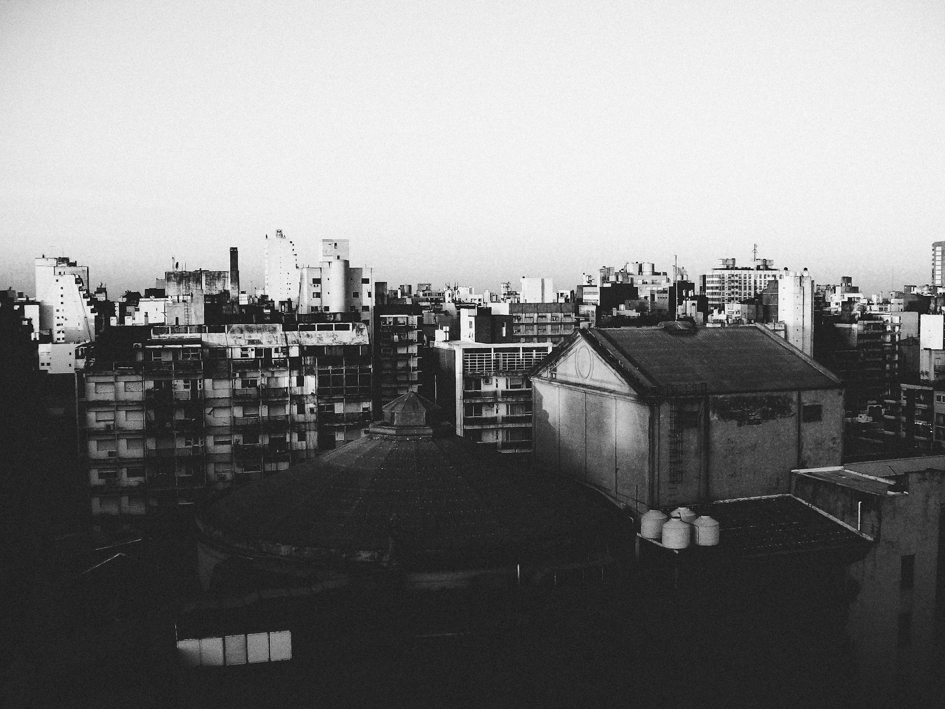 High contrast urban skyline in Rosario, Argentina viewed at dawn in black and white.