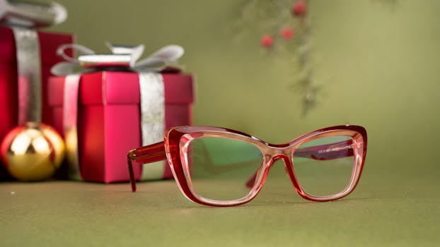 Close-up of red glasses with festive gifts and decorations in the background.