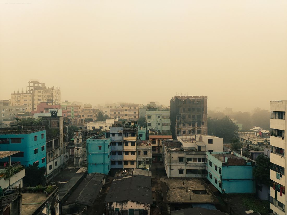 Urban skyline under haze