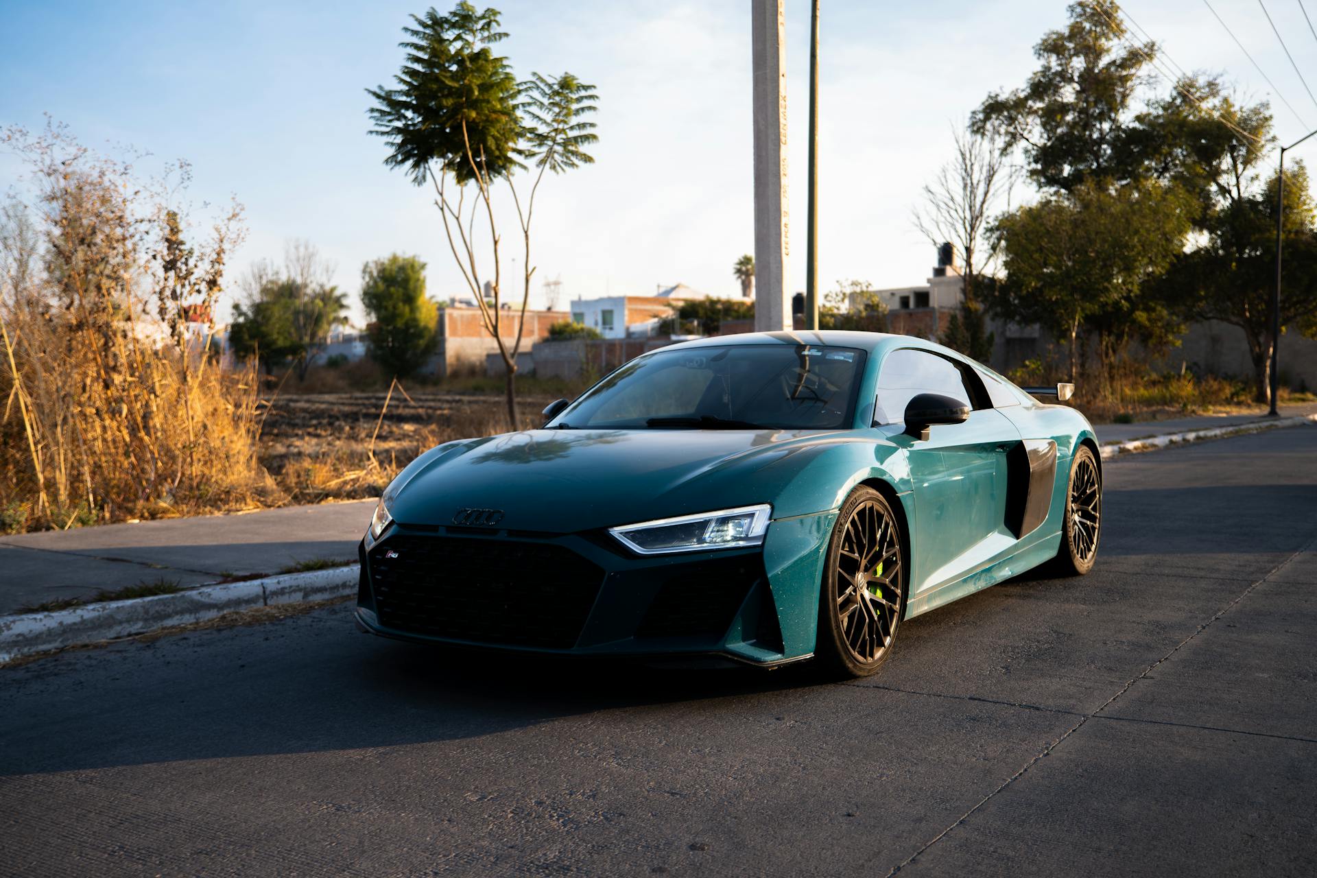 Luxurious green Audi sports car parked on a sunlit street in México, evoking modern automotive elegance.